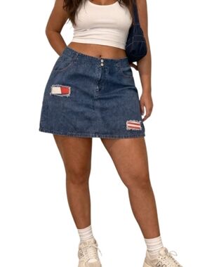 Vintage 90's Tommy Hilfiger Rare Dark Denim Patchwork Skirt Size 18